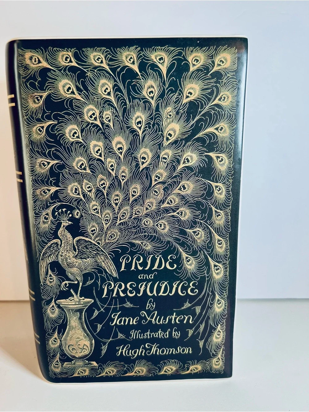Pride and Prejudice Book Ceramic Vase in Black & Gold Peacock Image Jane Austen